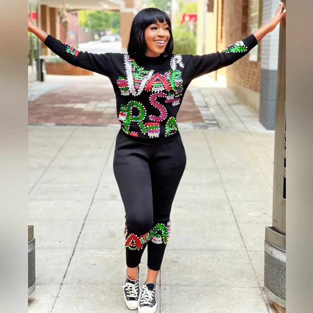 BEADED SEQUIN SWEATER TRACKSUIT SET FITS