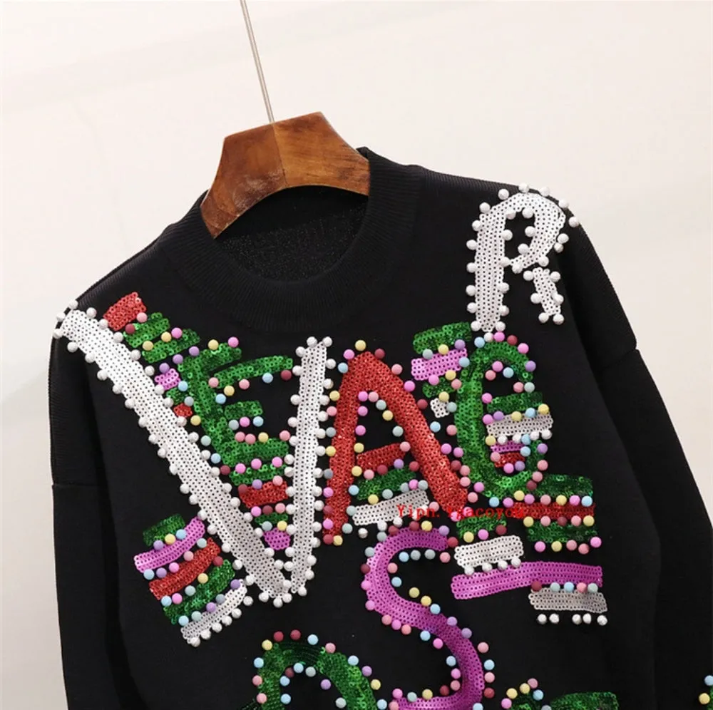 BEADED SEQUIN SWEATER TRACKSUIT SET FITS