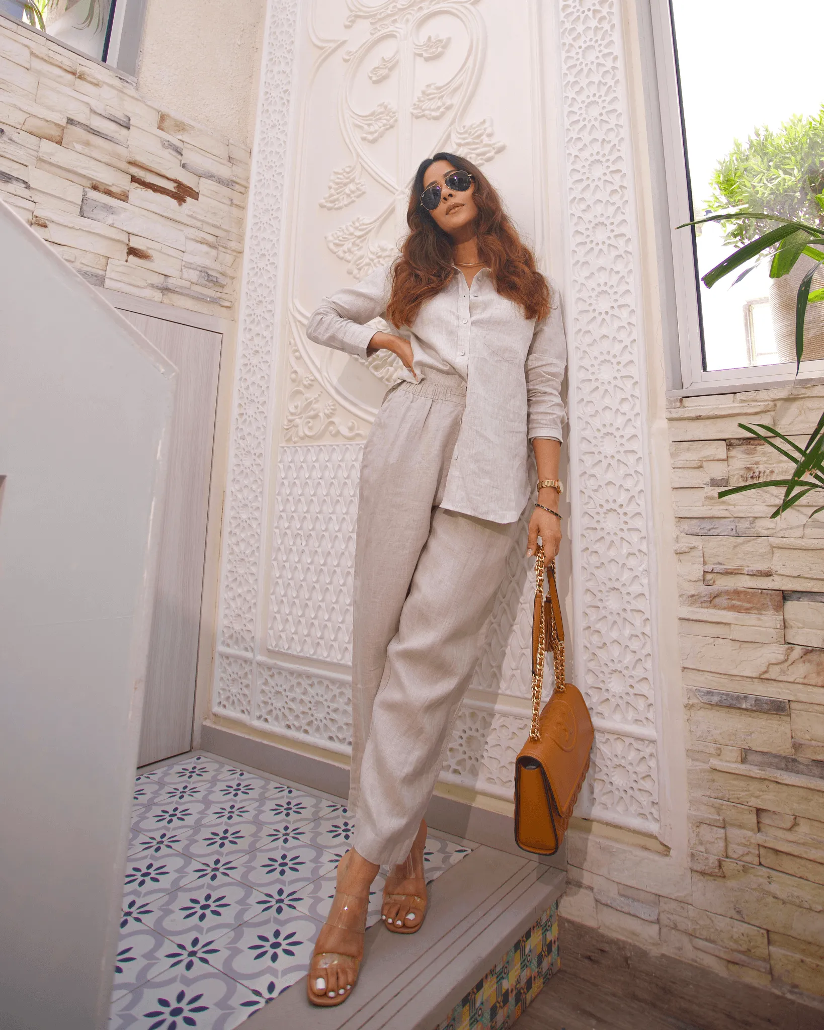 Beige Linen Shirt & Tapered Pants