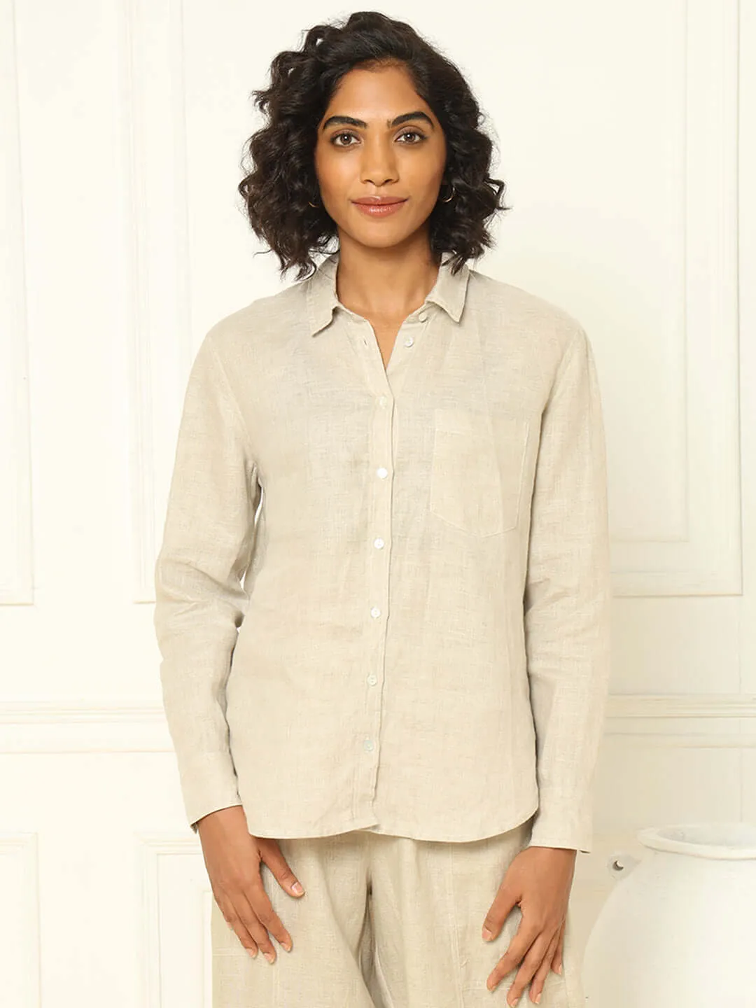Beige Linen Shirt & Tapered Pants
