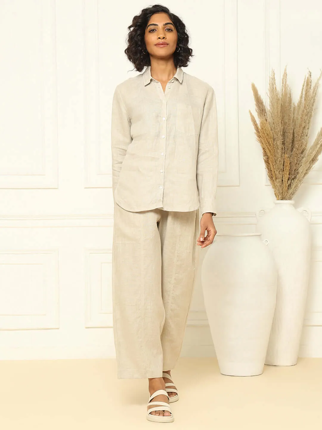Beige Linen Shirt & Tapered Pants