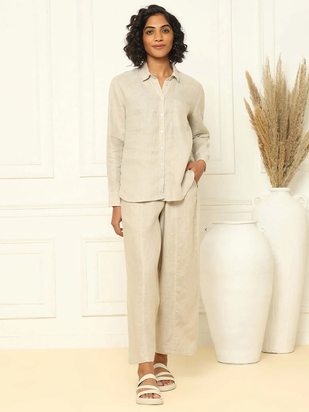 Beige Linen Shirt & Tapered Pants