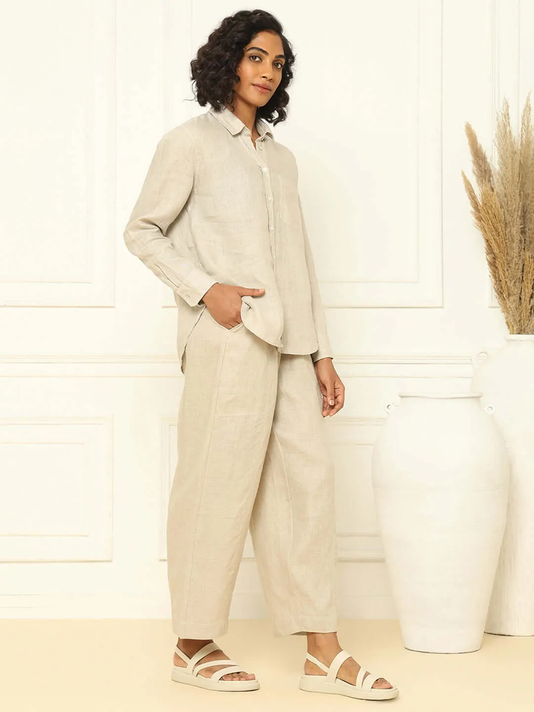 Beige Linen Shirt & Tapered Pants