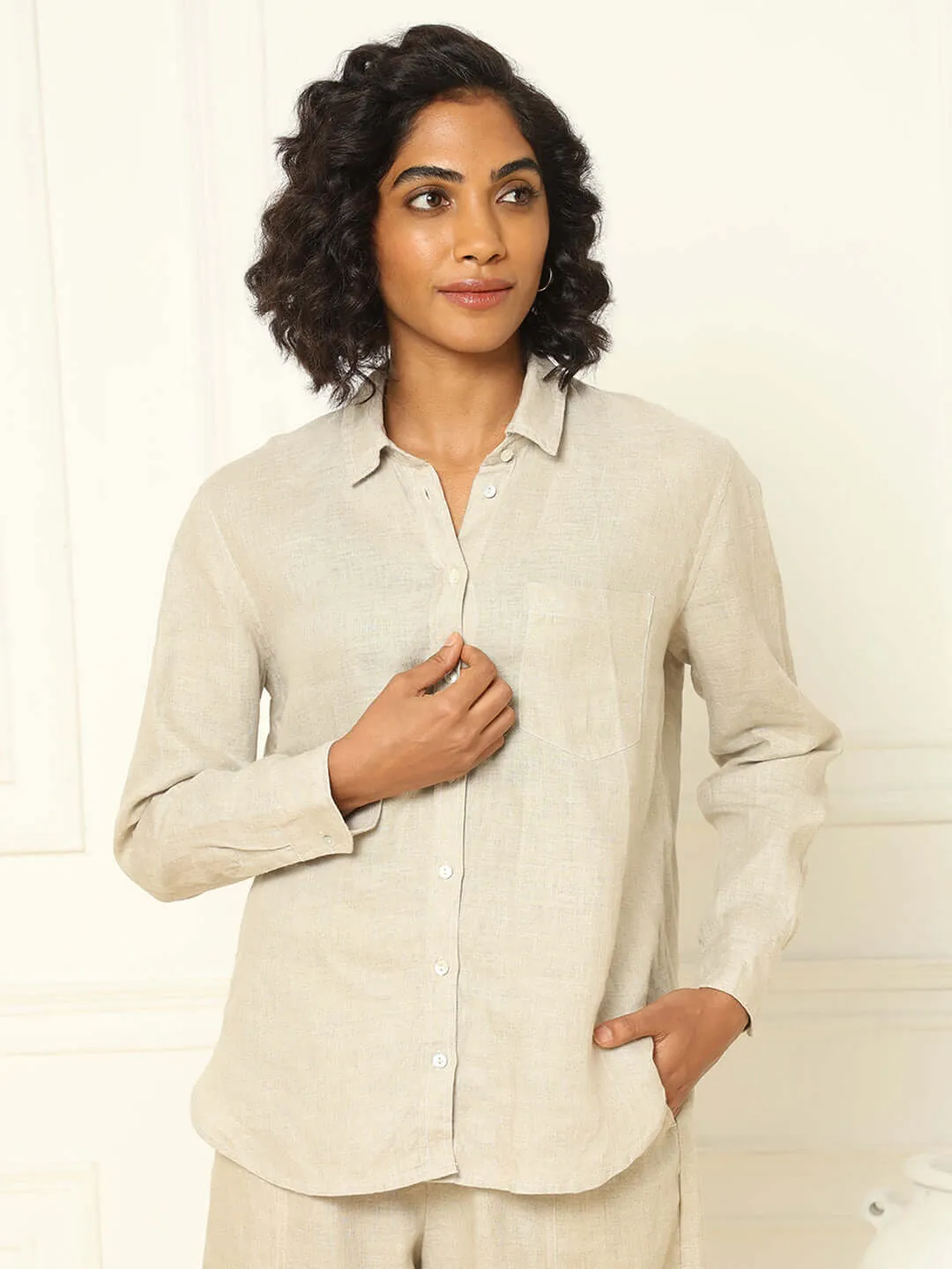 Beige Linen Shirt & Tapered Pants