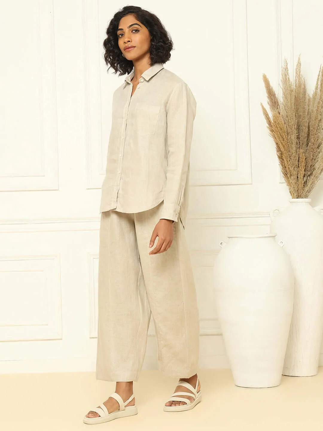 Beige Linen Shirt & Tapered Pants