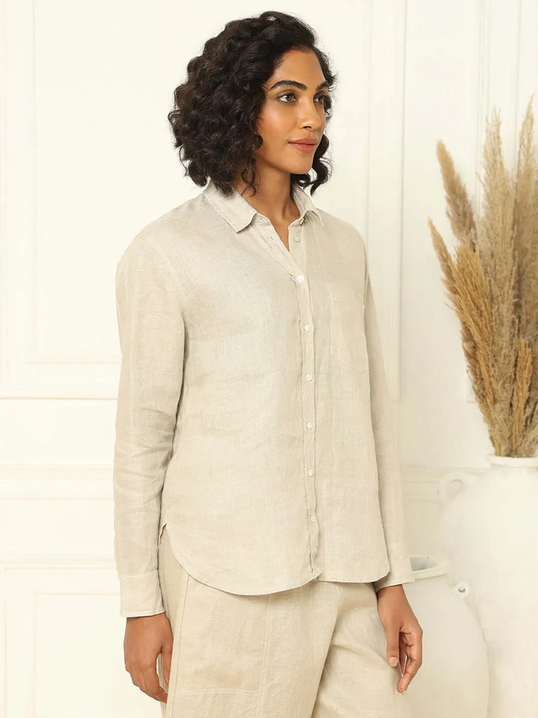 Beige Linen Shirt & Tapered Pants
