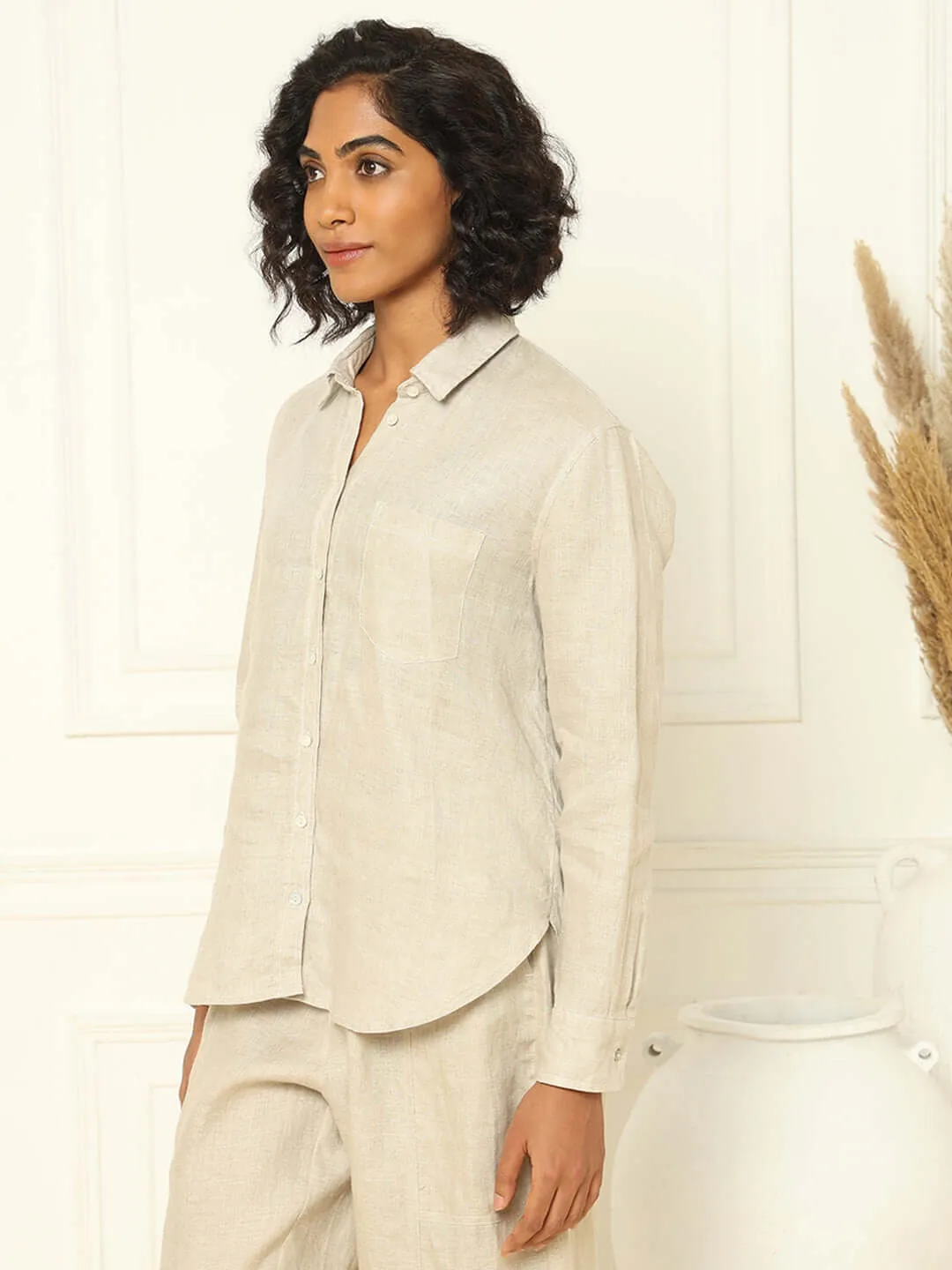 Beige Linen Shirt & Tapered Pants