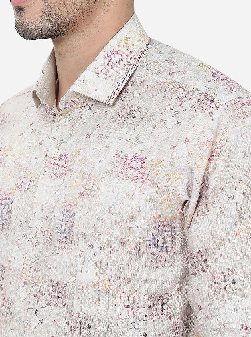 Beige Printed Slim Fit Party Wear Shirt | JB Studio
