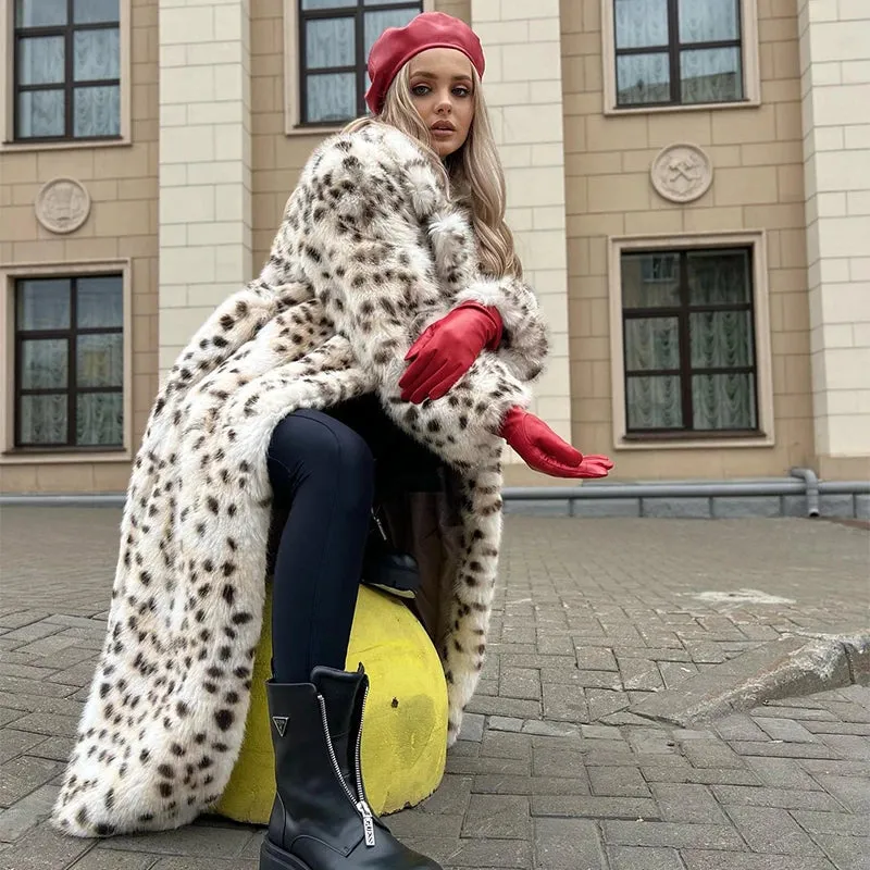 Belted Leopard Fluffy Fox Fur Long Jacket