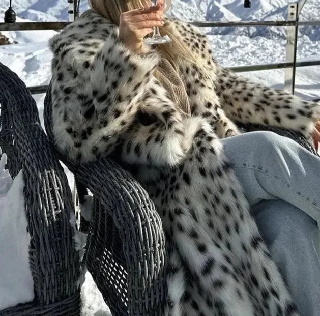 Belted Leopard Fluffy Fox Fur Long Jacket