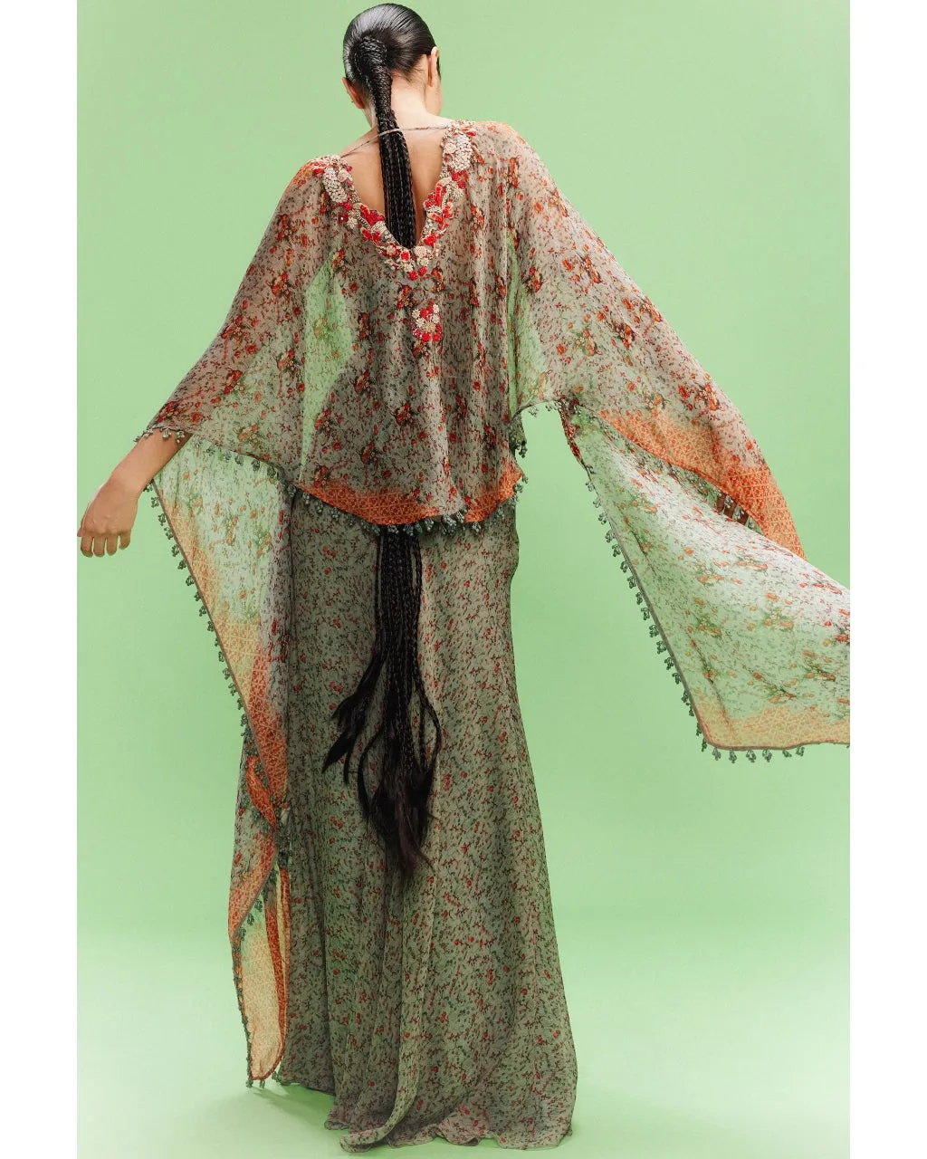 Bianka Printed Chiffon Bustier-Skirt With A Cape Set