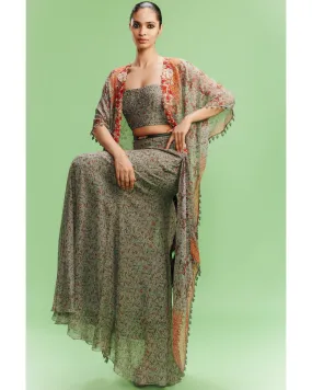 Bianka Printed Chiffon Bustier-Skirt With A Cape Set