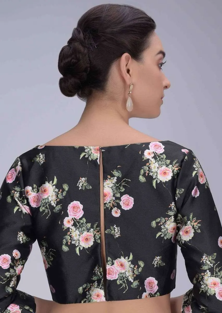 Black Blouse In Floral Printed Silk Online - Kalki Fashion