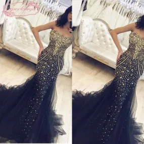 black evening dresses long luxury crystals rhinestones beaded mermaid modest evening gown robe de soiree