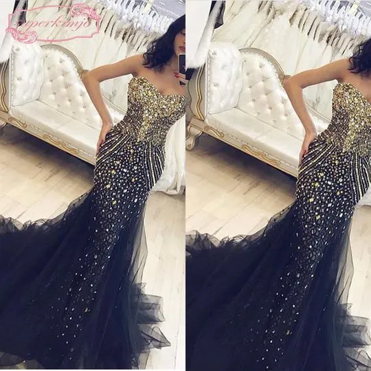 black evening dresses long luxury crystals rhinestones beaded mermaid modest evening gown robe de soiree