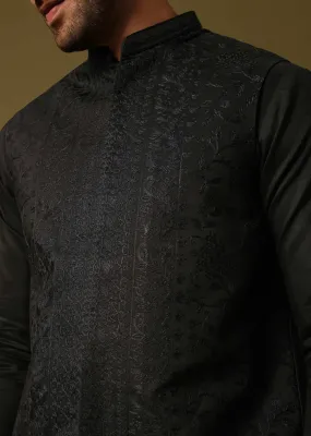 Black Kurta Jacket Set With Resham Work For Men