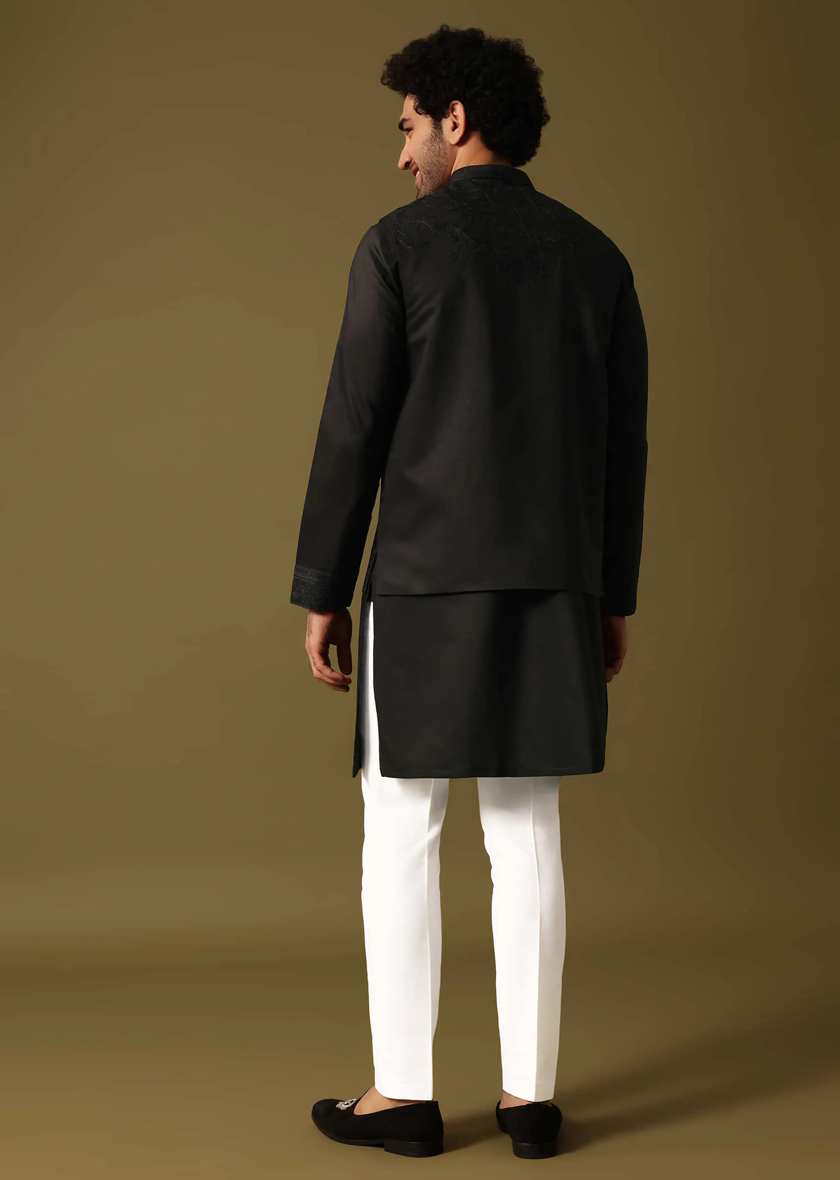 Black Kurta Jacket Set With Resham Work For Men