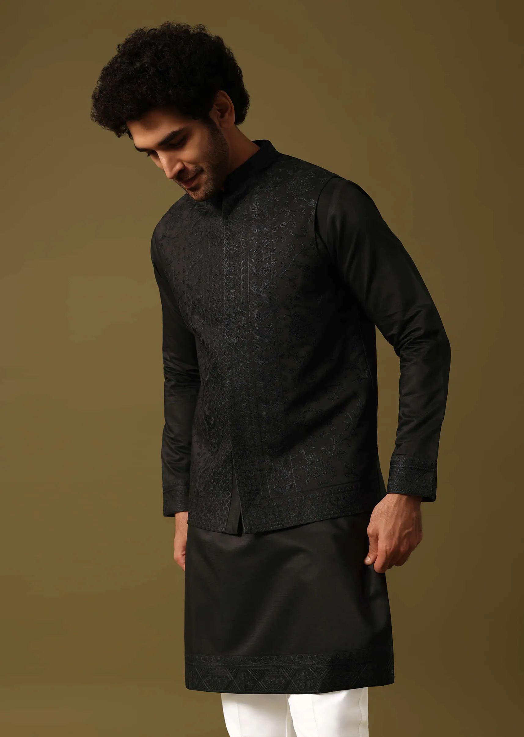 Black Kurta Jacket Set With Resham Work For Men