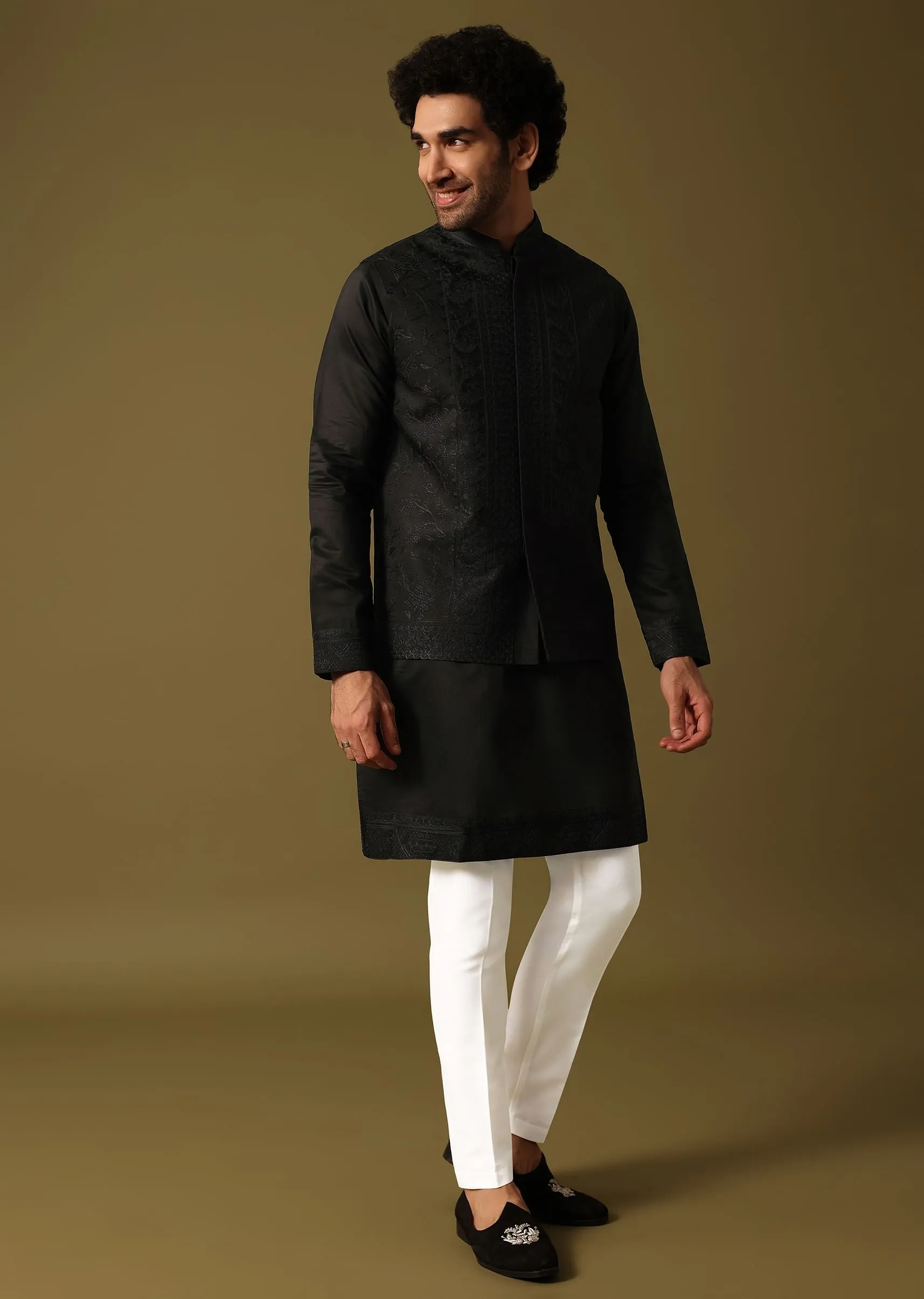 Black Kurta Jacket Set With Resham Work For Men