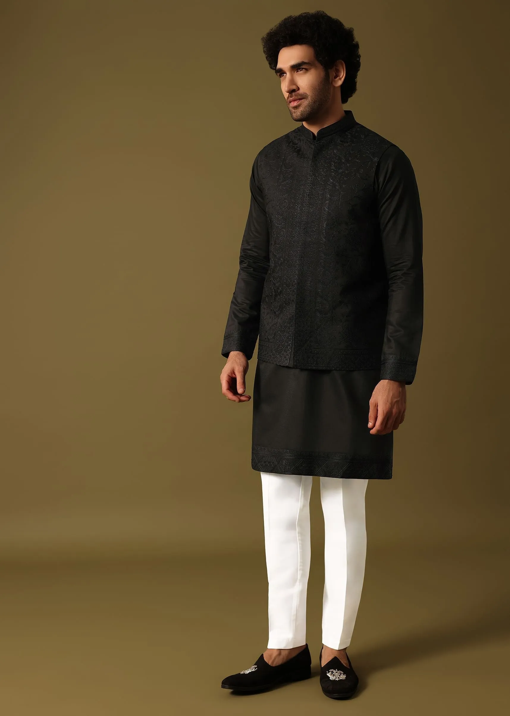 Black Kurta Jacket Set With Resham Work For Men