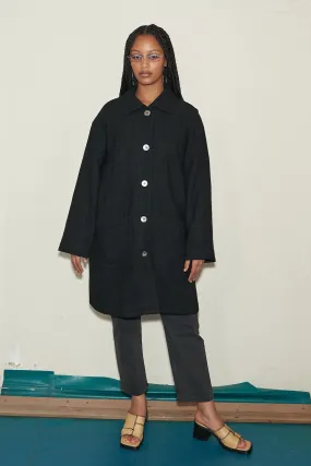Black Linen Quilted Mid Length Coat