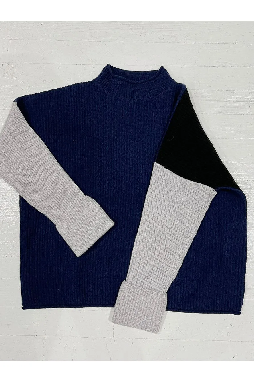 Black Navy & Grey Colorblock Turtle Roll Cuff Cashmere Sweater
