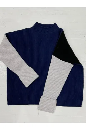 Black Navy & Grey Colorblock Turtle Roll Cuff Cashmere Sweater