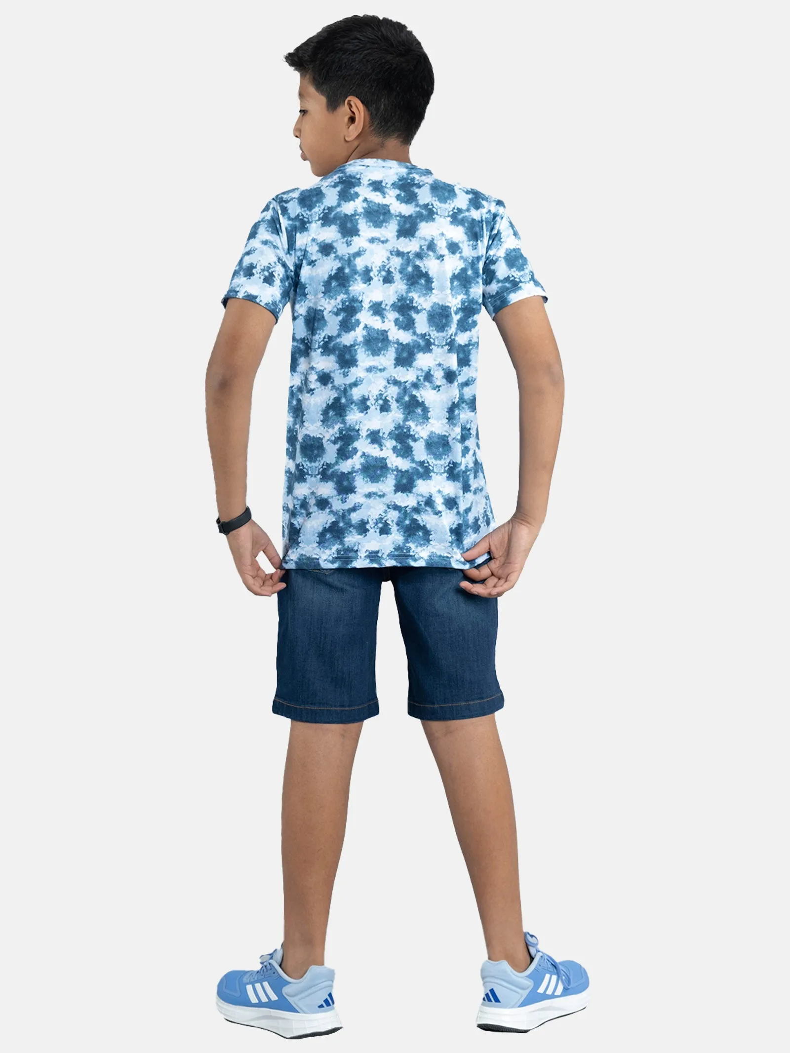 Boys Tie & Dye Printed Tee & Denim Shorts Sets