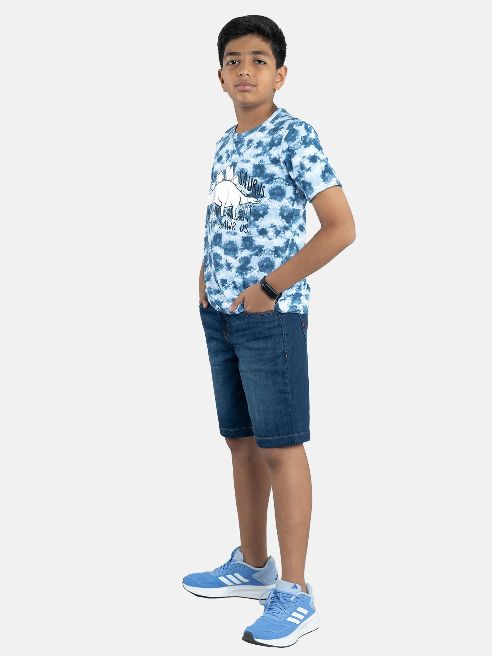 Boys Tie & Dye Printed Tee & Denim Shorts Sets