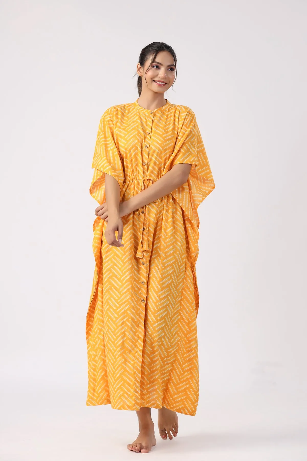 Canary Stripe Cotton Front Buttoned Kaftan