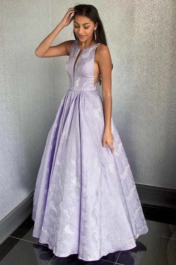 Cheap A-Line Round Neck Floor-length Lilac Printed Prom/Evening Dress,MP495