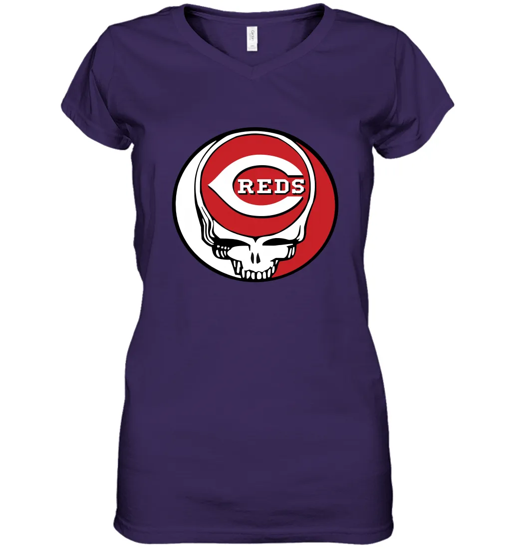 Cincinnati Reds Grateful Dead Steal Your Face Baseball Womens V-Neck T-Shirt