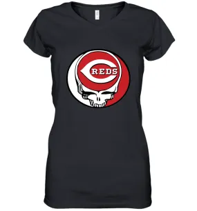 Cincinnati Reds Grateful Dead Steal Your Face Baseball Womens V-Neck T-Shirt