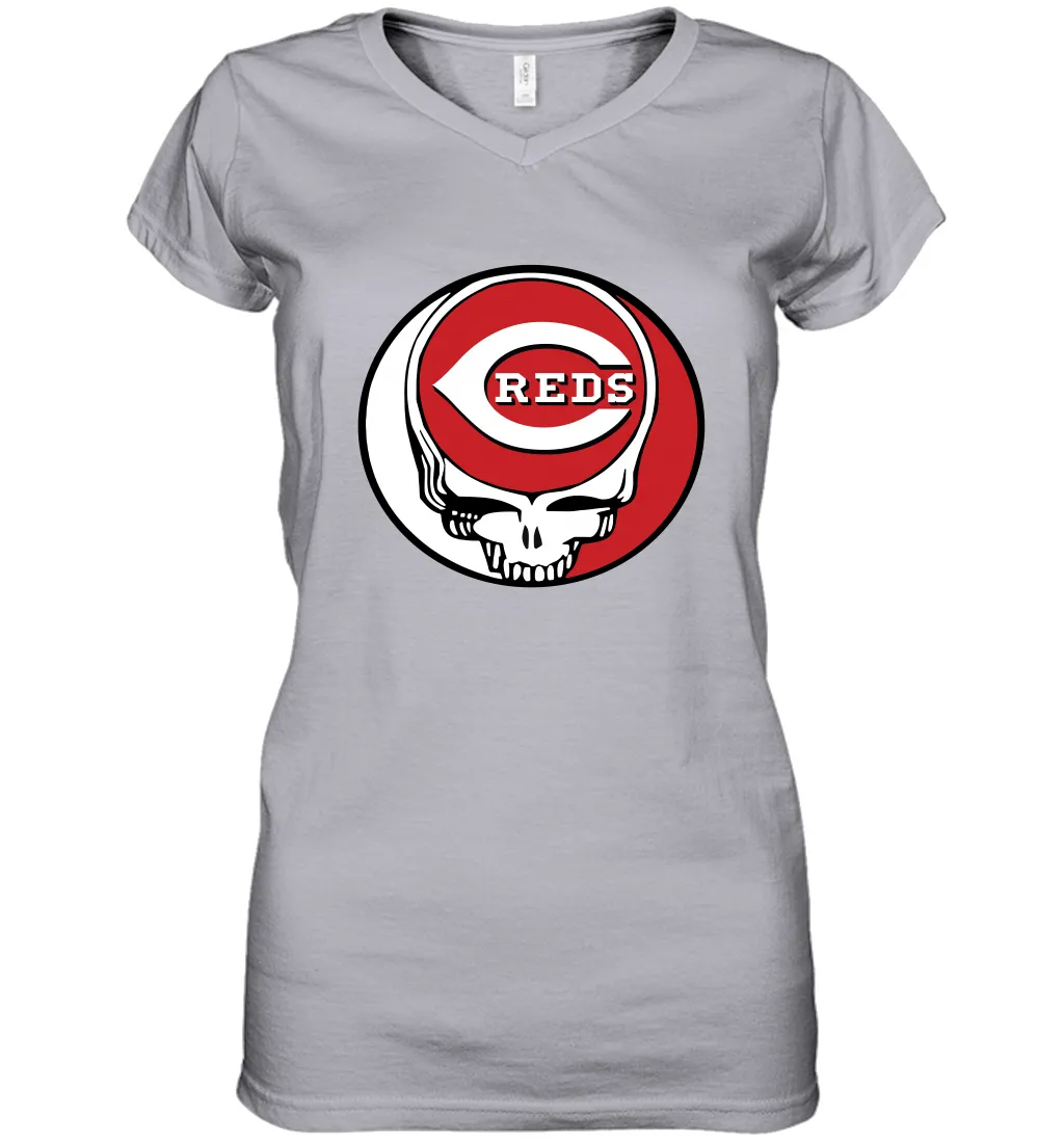 Cincinnati Reds Grateful Dead Steal Your Face Baseball Womens V-Neck T-Shirt