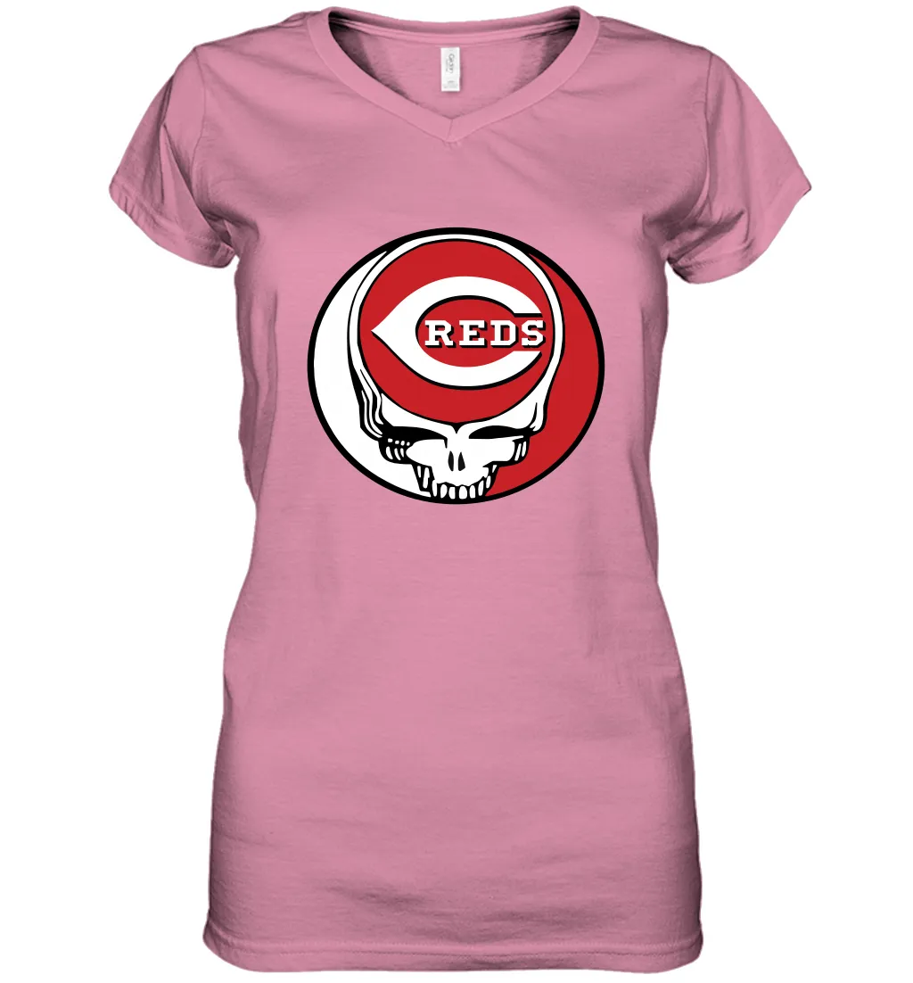 Cincinnati Reds Grateful Dead Steal Your Face Baseball Womens V-Neck T-Shirt
