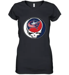 Columbus Blue Grateful Dead Steal Your Face Hockey NHL Womens V-Neck T-Shirt