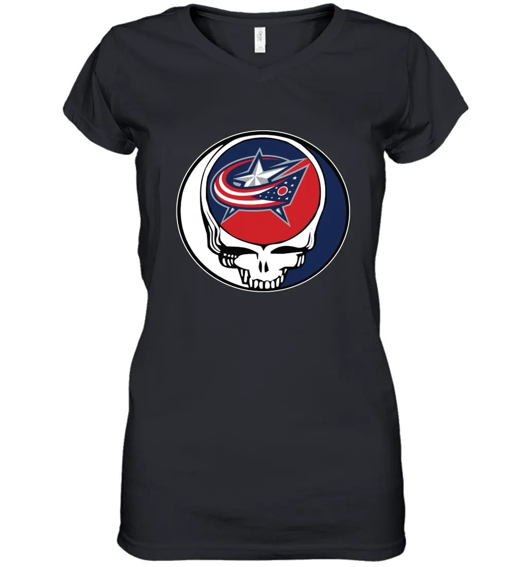 Columbus Blue Grateful Dead Steal Your Face Hockey NHL Womens V-Neck T-Shirt