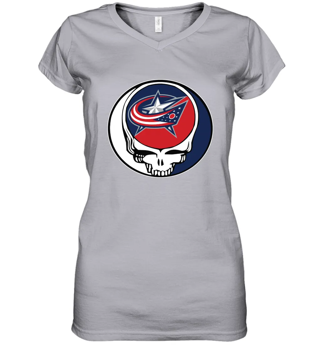 Columbus Blue Grateful Dead Steal Your Face Hockey NHL Womens V-Neck T-Shirt