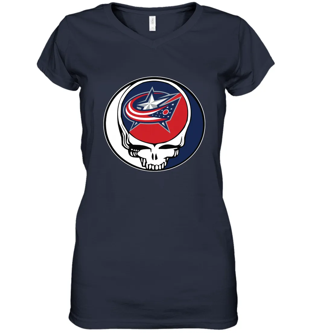 Columbus Blue Grateful Dead Steal Your Face Hockey NHL Womens V-Neck T-Shirt