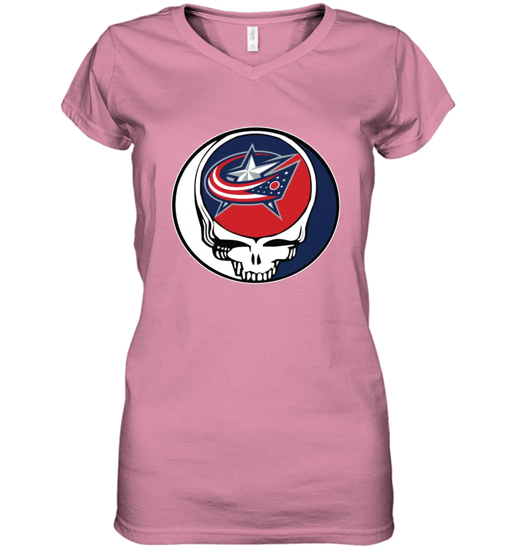 Columbus Blue Grateful Dead Steal Your Face Hockey NHL Womens V-Neck T-Shirt
