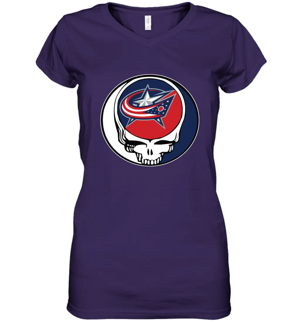 Columbus Blue Grateful Dead Steal Your Face Hockey NHL Womens V-Neck T-Shirt