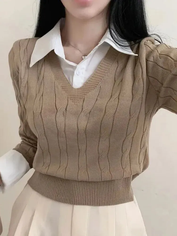deanwangkt Autumn Knitted Pullover Women Preppy Style Fake Two Piece Sweater Korean Fashion Long Sleeve Top Female Elegant Patchwork Shirt