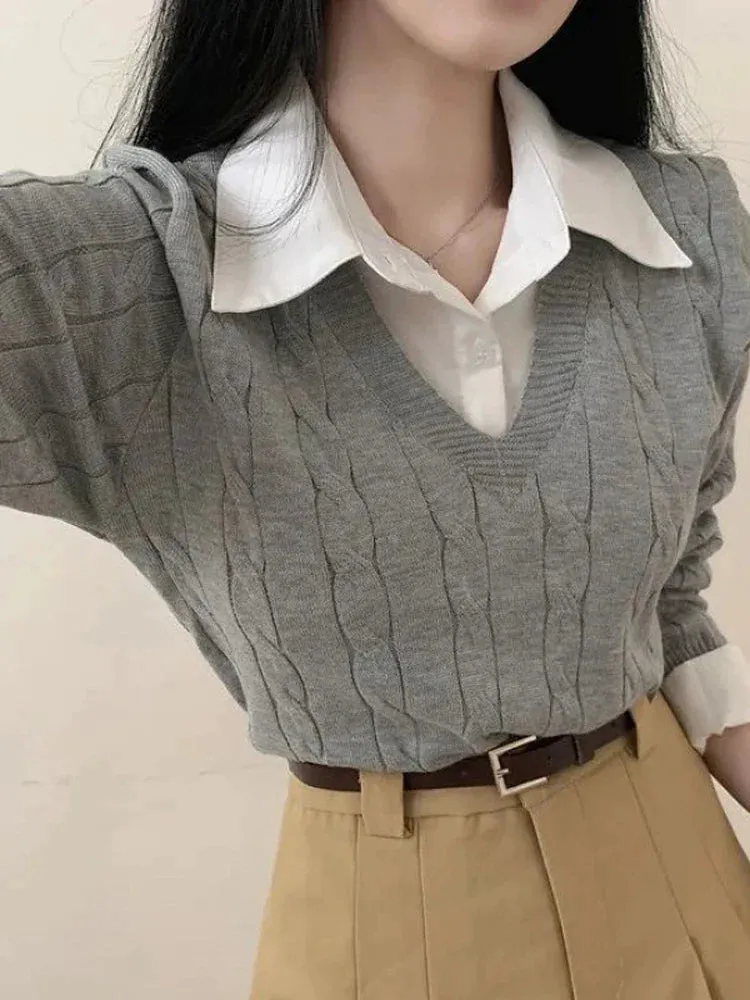 deanwangkt Autumn Knitted Pullover Women Preppy Style Fake Two Piece Sweater Korean Fashion Long Sleeve Top Female Elegant Patchwork Shirt