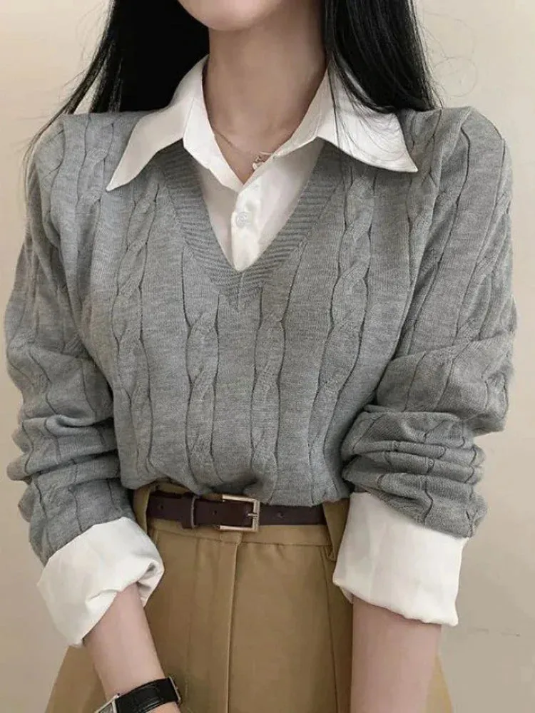 deanwangkt Autumn Knitted Pullover Women Preppy Style Fake Two Piece Sweater Korean Fashion Long Sleeve Top Female Elegant Patchwork Shirt
