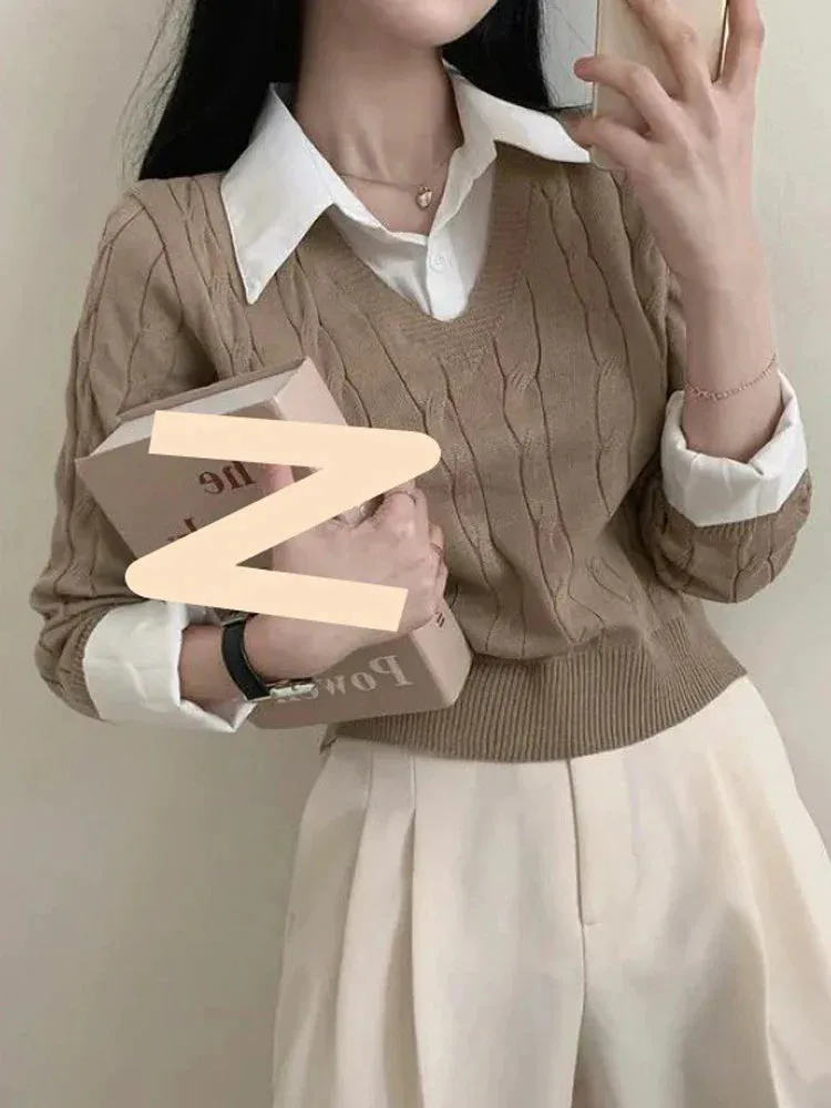 deanwangkt Autumn Knitted Pullover Women Preppy Style Fake Two Piece Sweater Korean Fashion Long Sleeve Top Female Elegant Patchwork Shirt