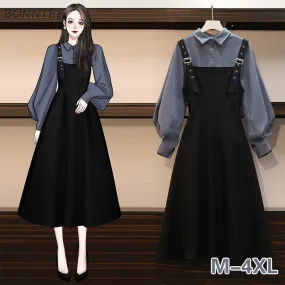 Dress Sets Women Plus Size 4XL Chic Fashion Elegant Office Lady Outfits 2 Piece Korean Fall Basic Simple Female Shirts Vestido