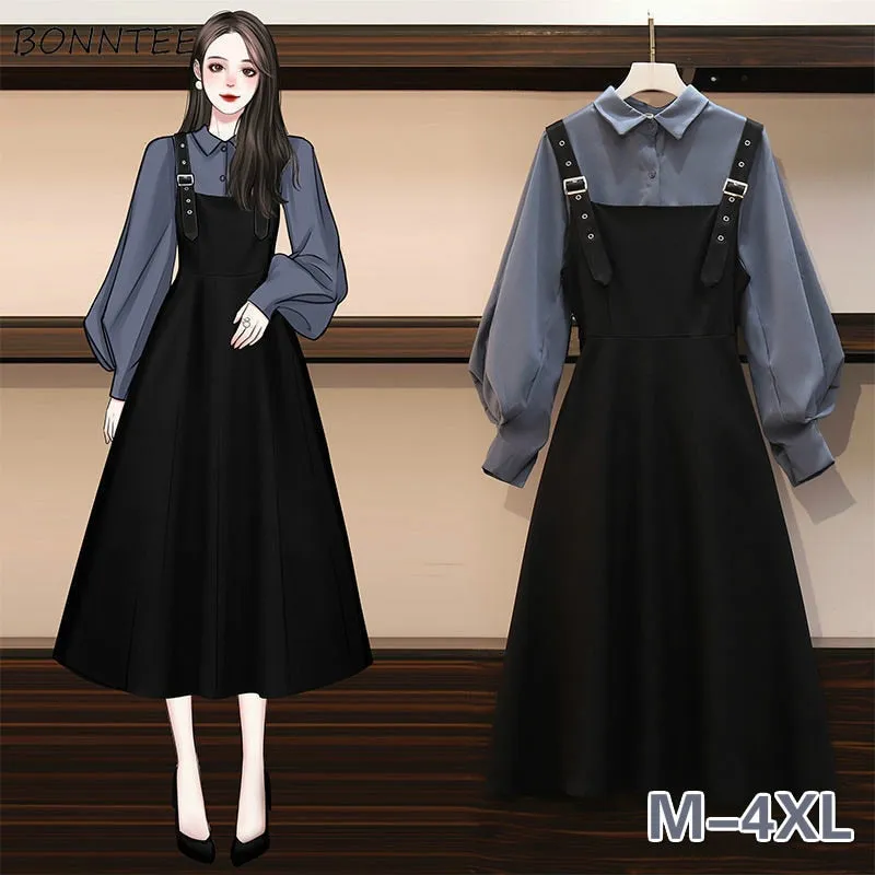 Dress Sets Women Plus Size 4XL Chic Fashion Elegant Office Lady Outfits 2 Piece Korean Fall Basic Simple Female Shirts Vestido