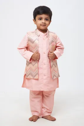 Elegant Ensemble: Boys Pink Kurta and Pant with Overcoat Jacket Sequin Embroidered