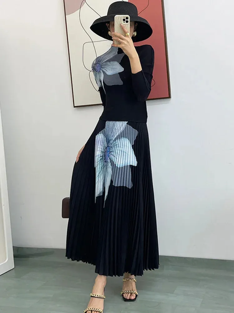Elegant Fashion Printed Pleated 2 Pieces Set Women Turtleneck Slim Tops With High Waist Mid Length Skirts