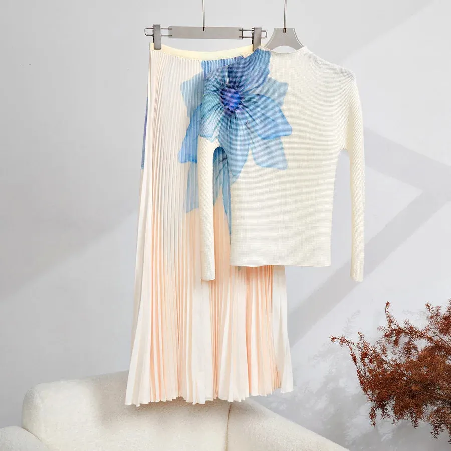 Elegant Fashion Printed Pleated 2 Pieces Set Women Turtleneck Slim Tops With High Waist Mid Length Skirts